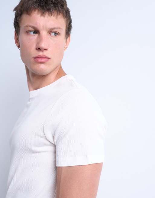Topman - Ecrufarvet ribstrikket skinny-T-shirt, 4 af 5