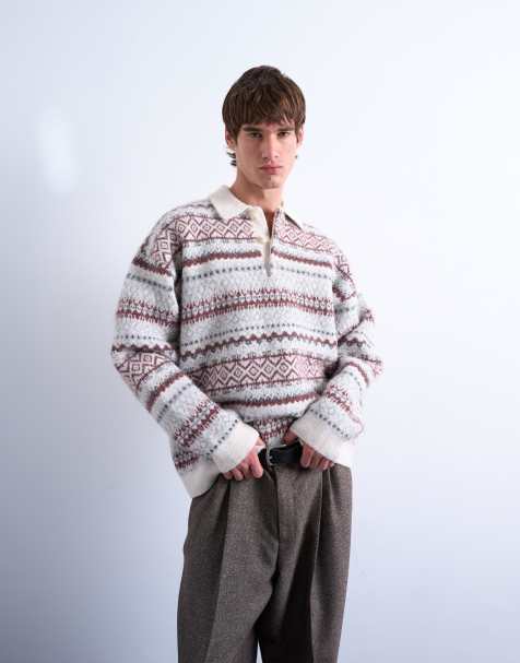 Topman - Ecrufarvet strikket poloskjorte med Fair Isle-striber i regular fit - view 1