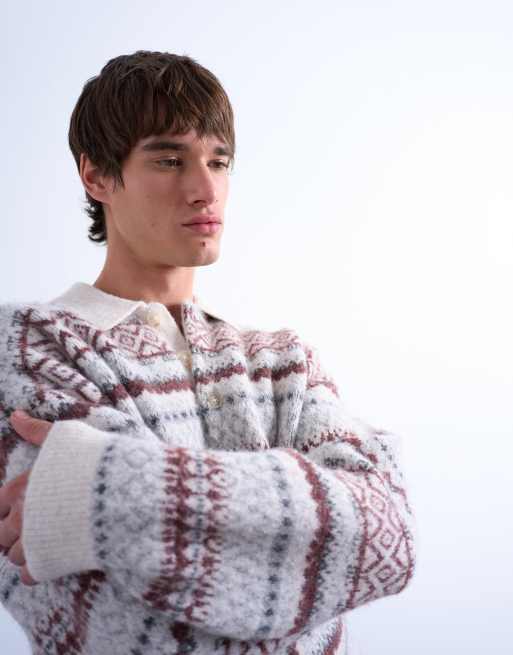 Topman - Ecrufarvet strikket poloskjorte med Fair Isle-striber i regular fit, 4 af 5
