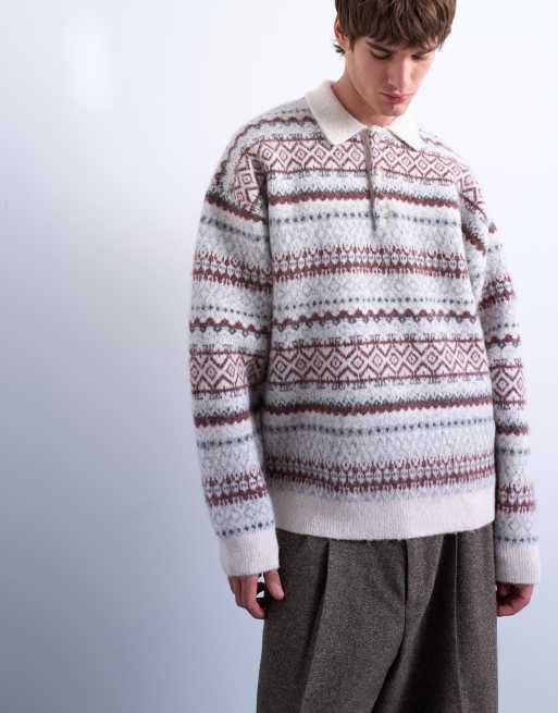 Topman - Ecrufarvet strikket poloskjorte med Fair Isle-striber i regular fit, 5 af 5