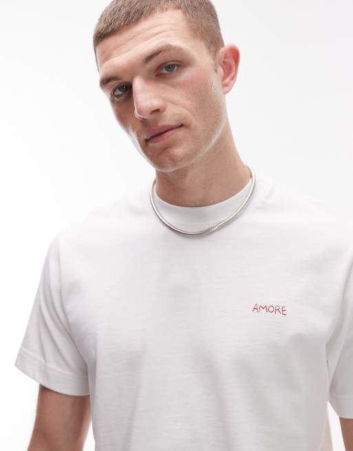 Topman - Ecrufarvet T-shirt med 'Amore'-broderi i regular fit