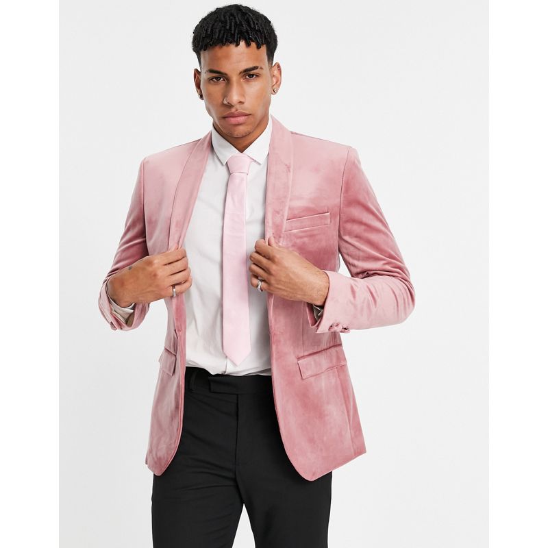 Topman – Einreihige, eng geschnittene Anzugjacke aus Samt in Rosa