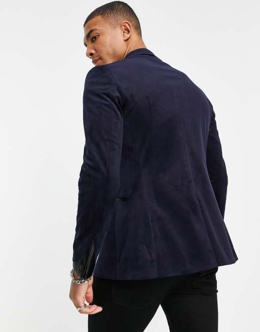 Topman – Einreihige, eng geschnittene Smokingjacke aus Samt in Marineblau, 2 von 4