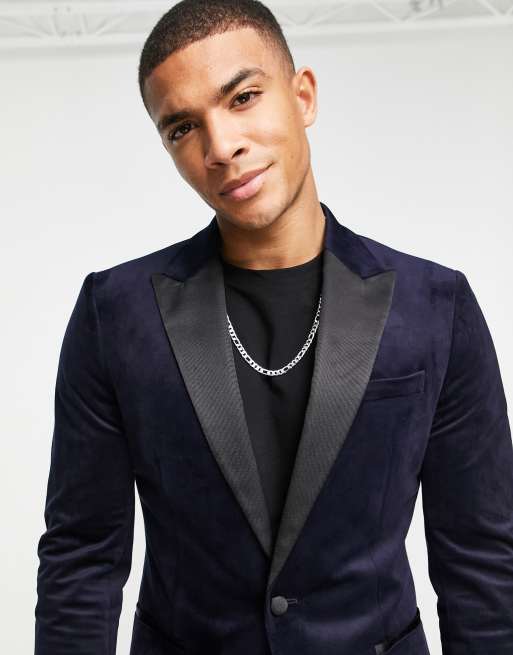 Topman – Einreihige, eng geschnittene Smokingjacke aus Samt in Marineblau, 3 von 4