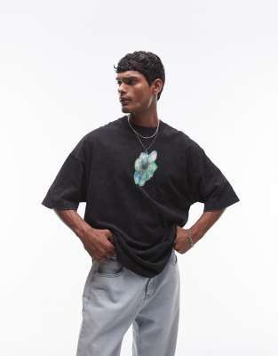 Topman - Ekstremt oversized T-shirt i forvasket sort med sløret blomsterprint på front og ryg