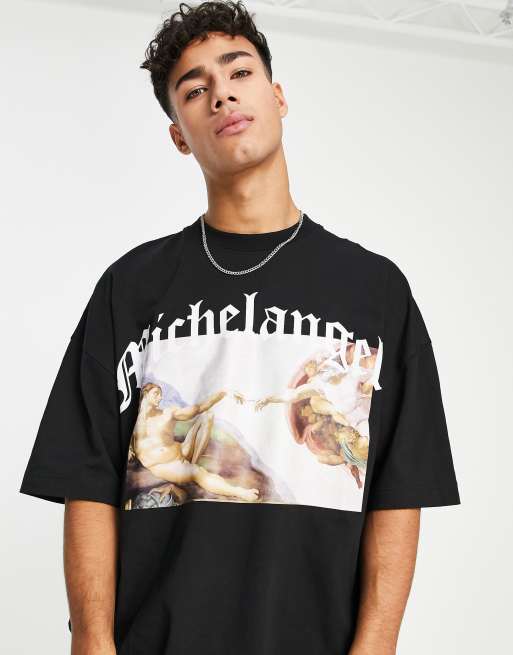 Topman - Ekstremt oversized T-shirt med firkantet Michelangelo-print på brystet i sort