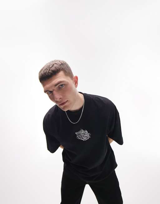 Topman - Ekstremt oversized T-shirt med tigerbroderi på brystet i sort
