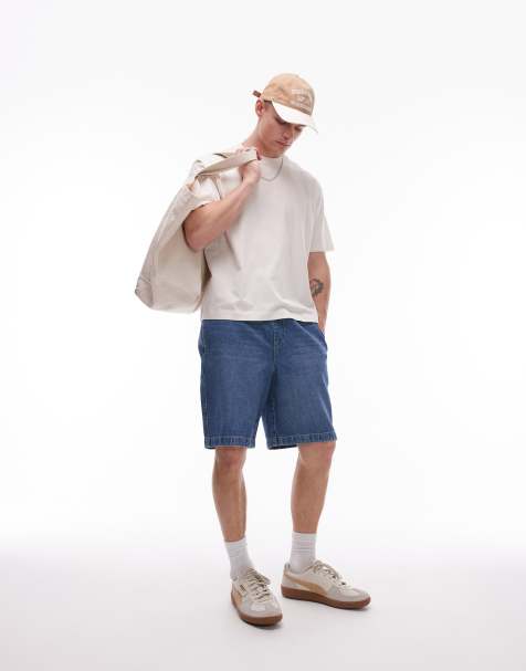 Topman elasticated denim shorts in mid wash - view 1