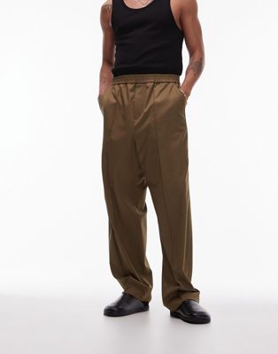 elasticated waist wide leg pants in khaki-Green