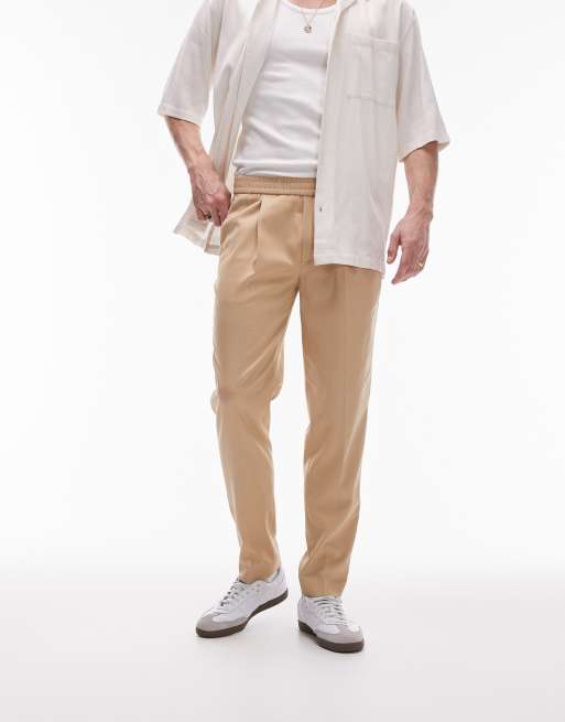 Topman elasticized waist tapered pants in stone