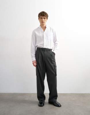 Elegante Hose in Anthrazit mit weitem Bein, Gürtel und Seitentaschen-Grau Grau W36