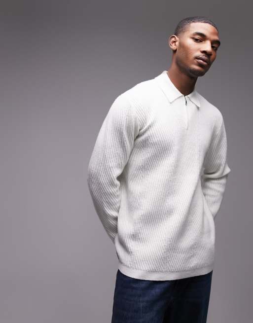 Topman – Elegante Strickjacke in Weiß mit Reißverschluss und Chevron-Muster
