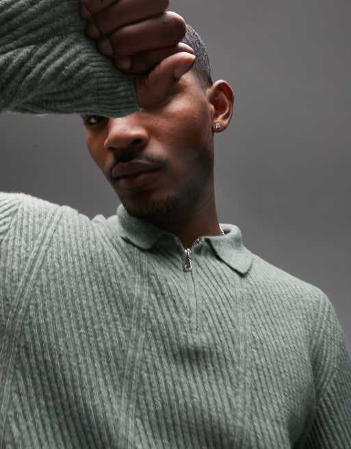 Topman – Eleganter Polo-Pullover aus Strick in Salbeigrün mit kurzem Reißverschluss und Winkelstreifenmuster