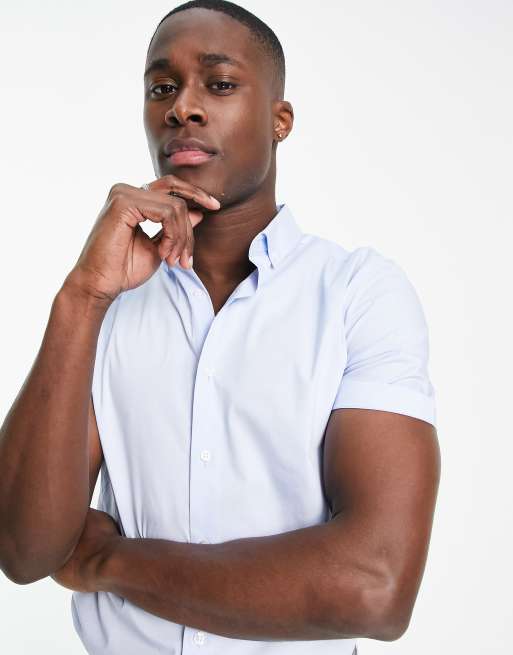 Topman – Elegantes, kurzärmliges Stretch-Hemd mit engem Schnitt in Blau, 3 von 4