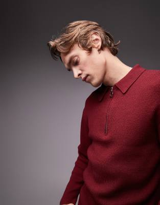 Topman knitted rib polo in burgundy