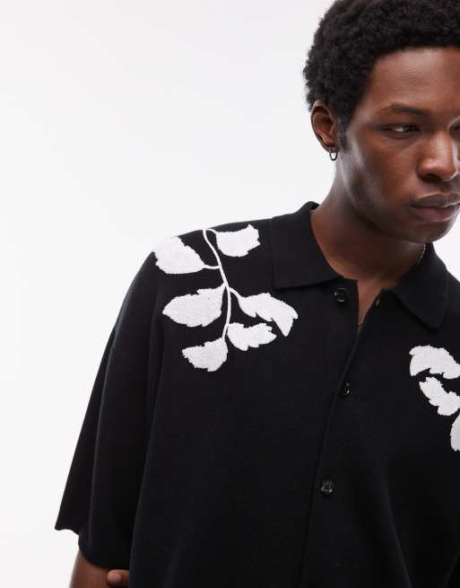 Topman embroidered floral knit shirt in black and ecru