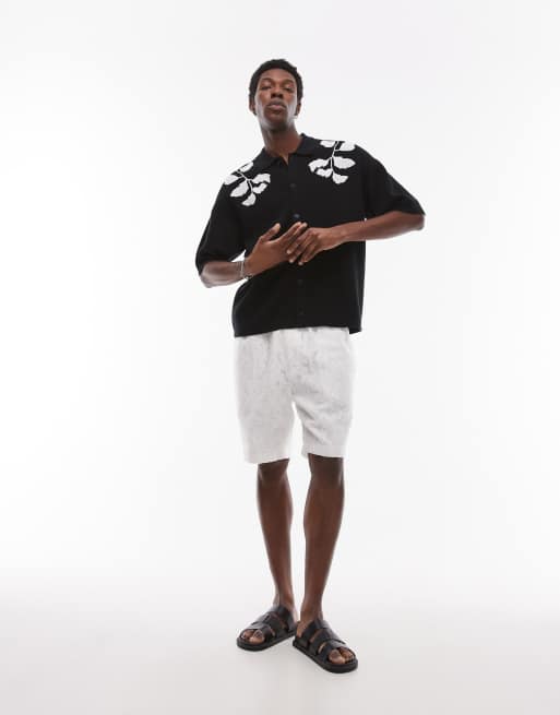Topman embroidered floral knit shirt in black and ecru
