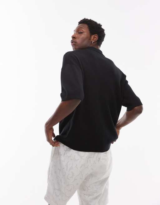 Topman embroidered floral knit shirt in black and ecru