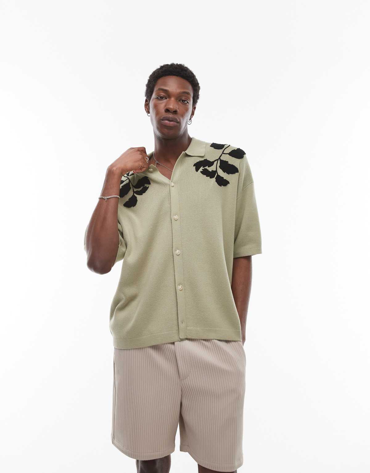 Topman embroidered floral knitted shirt in sage and black