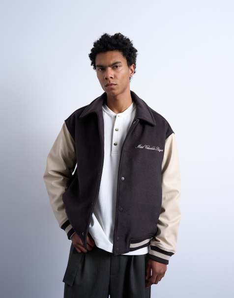 Topman embroidered varsity jacket in brown - view 1