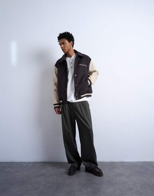 Topman embroidered varsity jacket in brown, 2 of 4