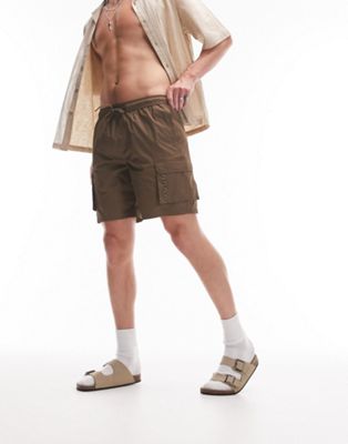 Topman skinny cargo swim shorts in brown - ASOS Price Checker