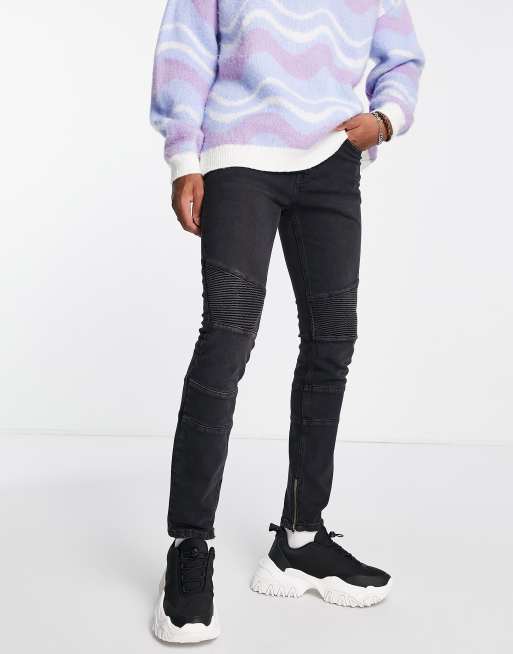 Topman – Eng geschnittene Bikerjeans in Schwarz mit Stretch