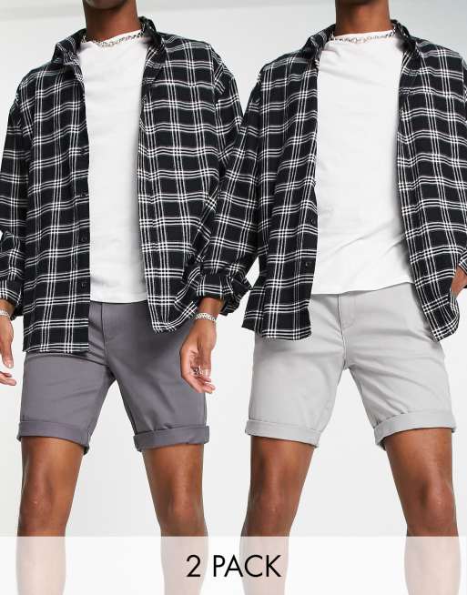 Topman – Eng geschnittene Chino-Shorts in Grau und Anthrazit im 2er-Pack