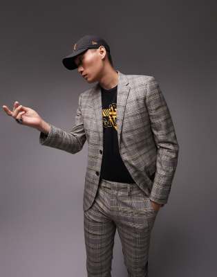 Topman skinny two button neutral checked wedding suit jacket in grey - ASOS Price Checker