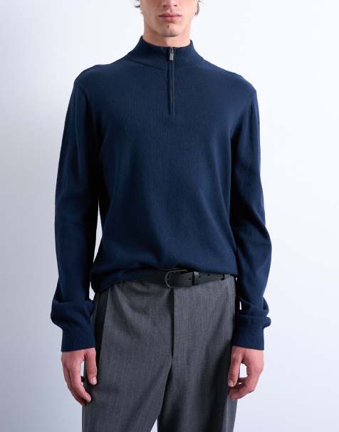 Topman essential 1/4 zip funnel jumper with wool in navy - view 1
