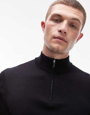 Topman Premium Heavyweight Relaxed Quarter Zip Sweatshirt In Black In Black