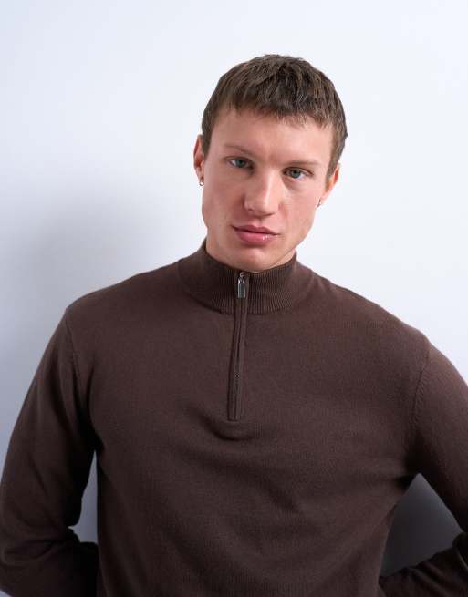 Topman essential 1/4 zip funnel with wool in brown