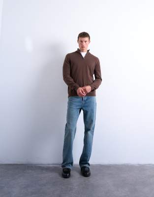 Topman Essential 1/4 Zip Funnel With Wool In Brown