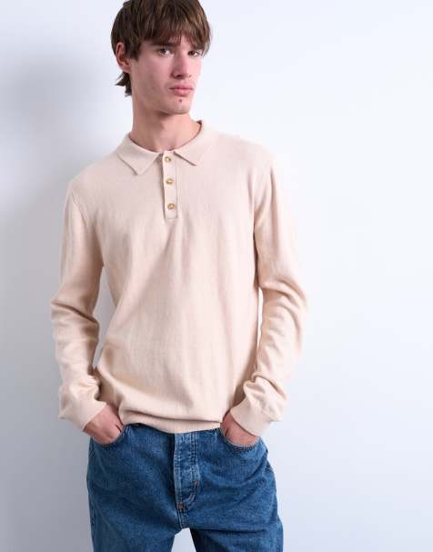 Topman – Essential – Beige, stickad pikétröja med knappar - view 1