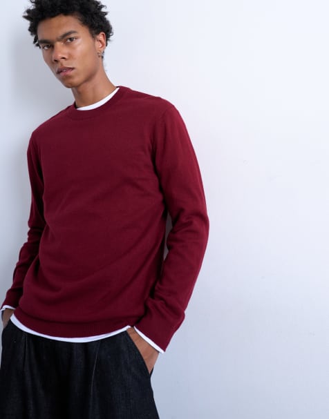 Topman essential knitted crew neck in burgundy
