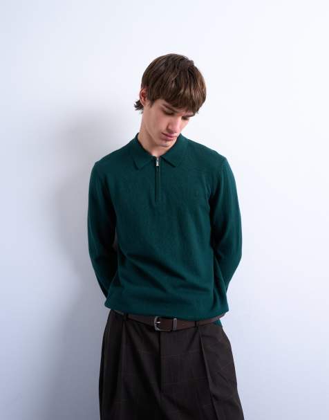 Topman – Essential – Ciemnozielona dzianinowa koszulka polo z zapięciem na zamek pod szyją - view 1