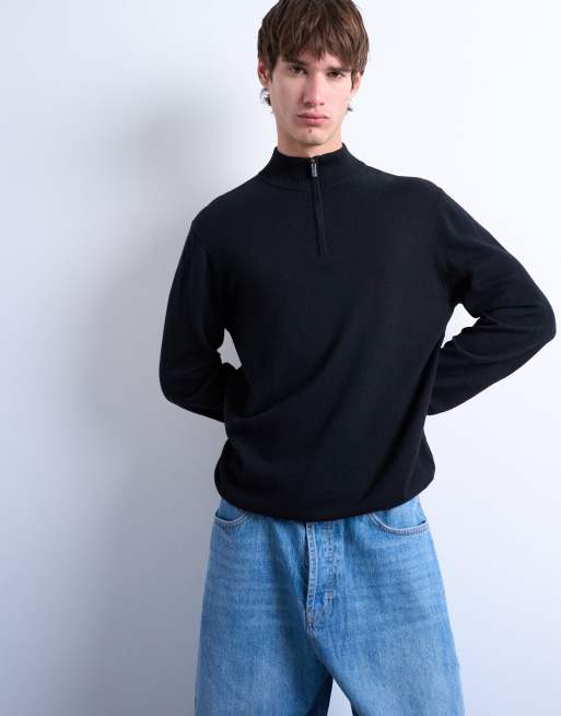 Topman – Essential – Czarny sweter z mieszanki wełnianej z zamkiem pod szyją