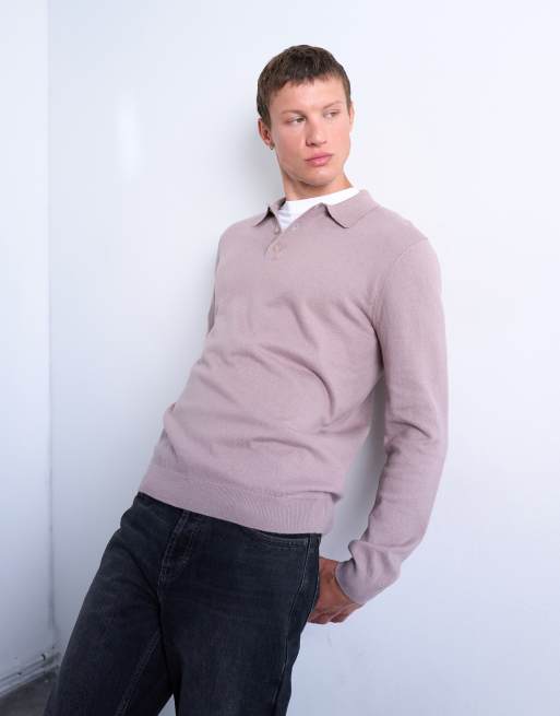 Topman – Essential – Dzianinowa koszulka polo z zapięciem na guziki pod szyją w zgaszonym fioletoworóżowym kolorze