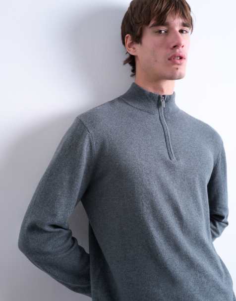 Topman essential knitted 1/4 zip funnel in charcoal