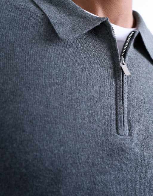 Topman - Essential - Gebreide polo met rits in antracietgrijs, 4 van 5