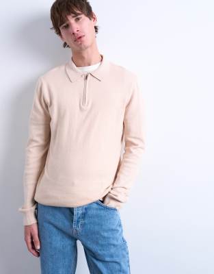 Essential - Gestricktes Polohemd in Steinbeige mit Reißverschluss-Neutral Neutral M