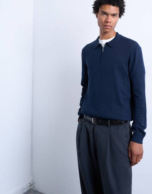 Topman – Essential – Granatowa koszulka polo z mieszanki wełnianej z zamkiem pod szyją