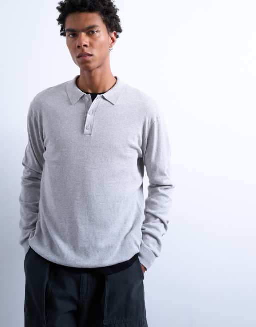 Topman – Essential – Jasnoszara dzianinowa koszulka polo z zapięciem na guziki pod szyją