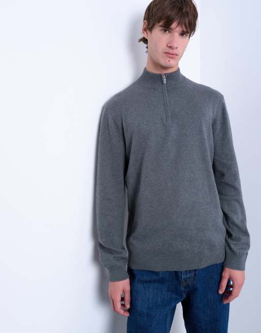 Topman essential knit 1/4 zip funnel in charcoal, 2 of 5