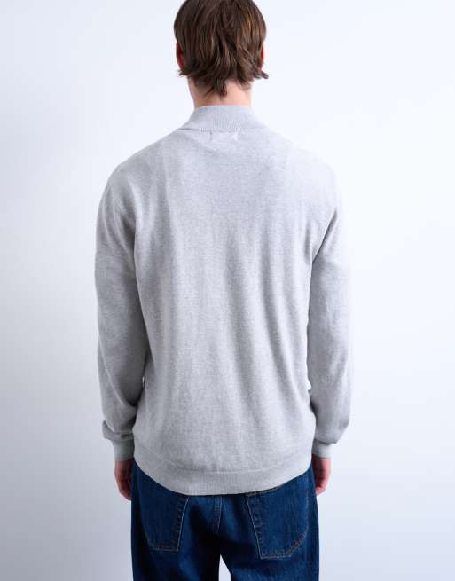 Topman essential knit 1/4 zip funnel in light gray, 3 of 5