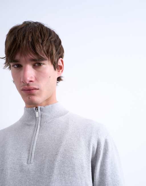 Topman essential knit 1/4 zip funnel in light gray, 4 of 5