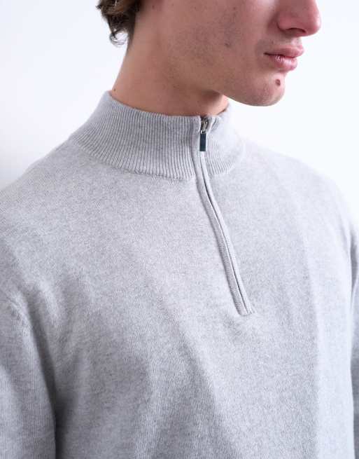 Topman essential knit 1/4 zip funnel in light gray, 5 of 5