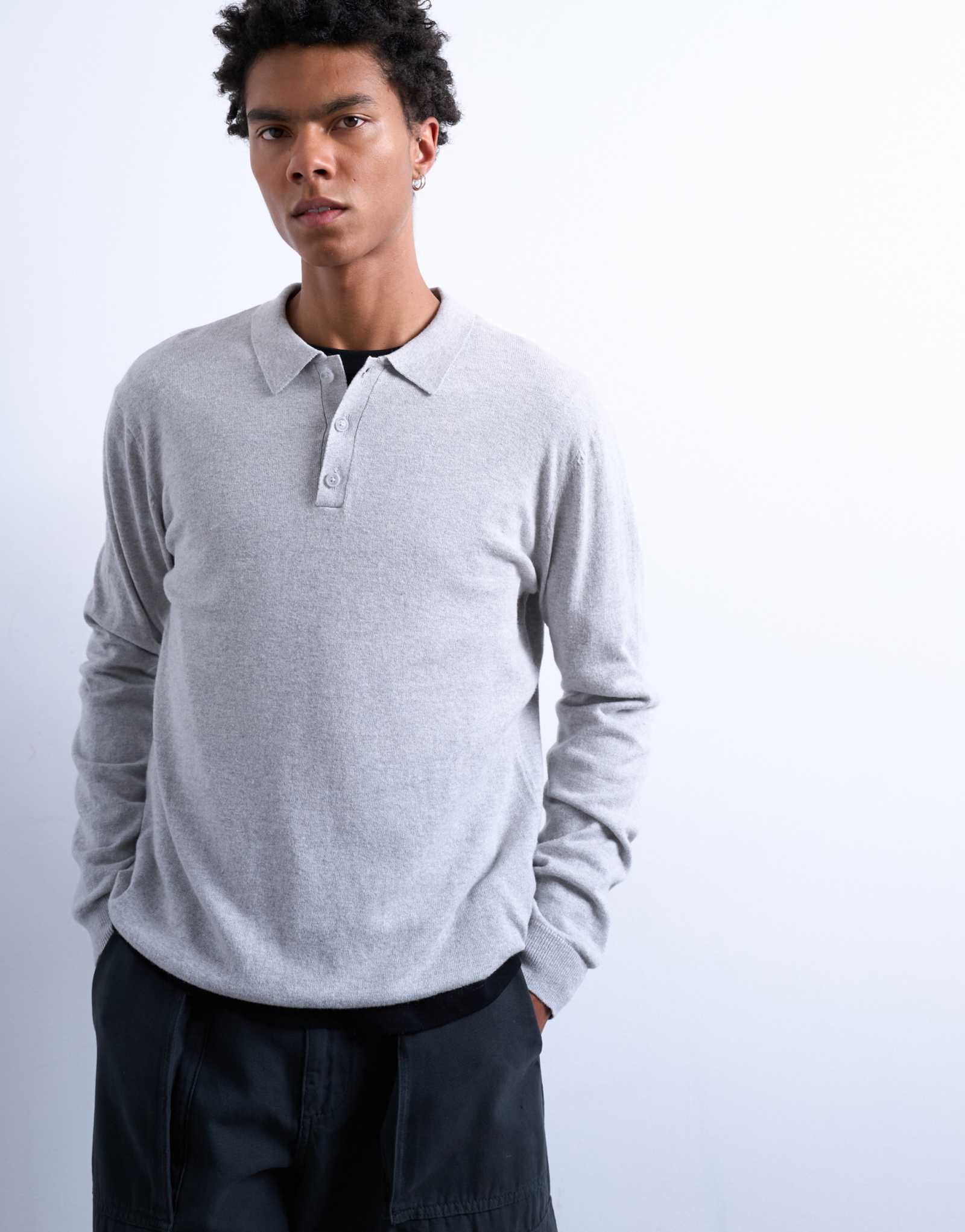Вязаное поло Topman essential на пуговицах светло-серого цвета