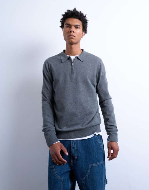 Topman essential knit zip polo in charcoal, 3 of 5