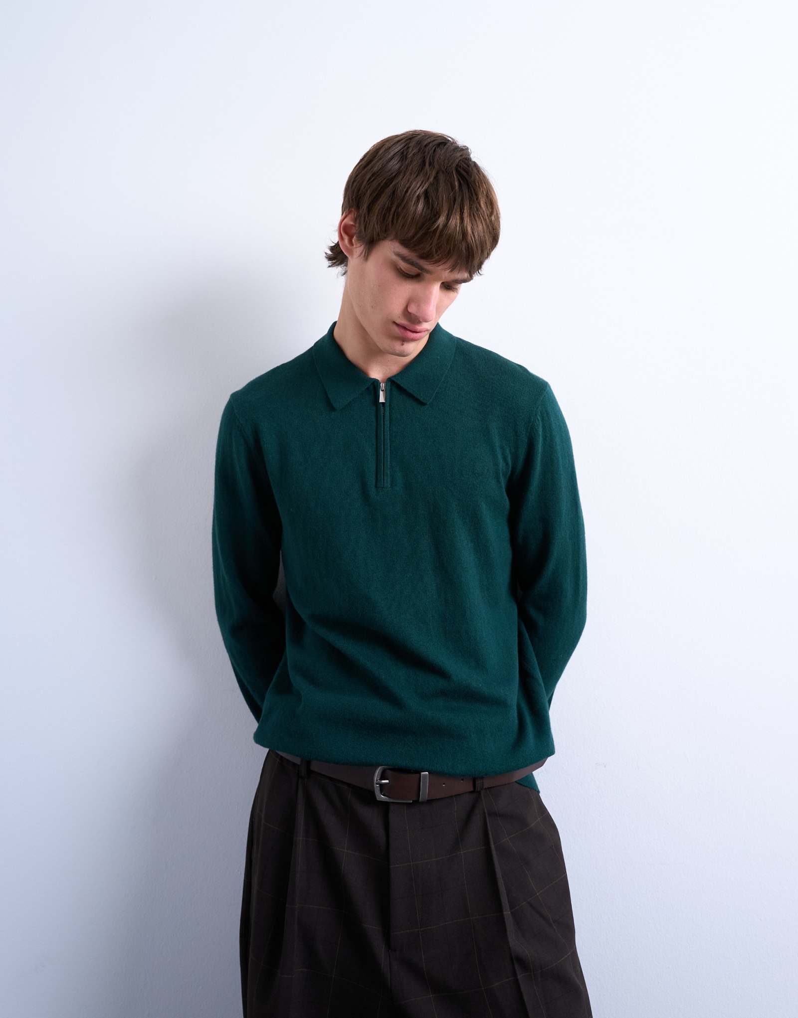 Вязаное поло Topman essential на молнии темно-зеленого цвета
